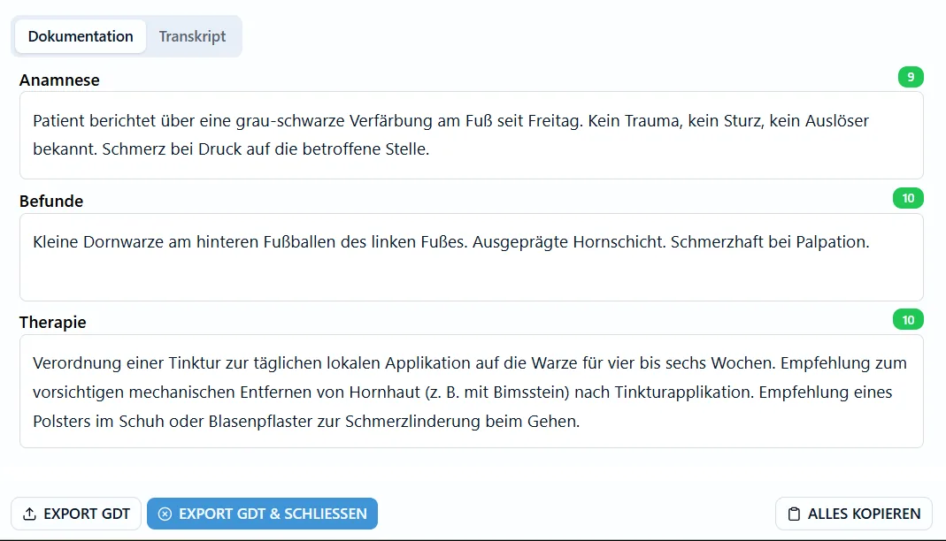 KI Doku: fertiger Entwurf mit Anamnese, Befunden, Therapie und Export GDT