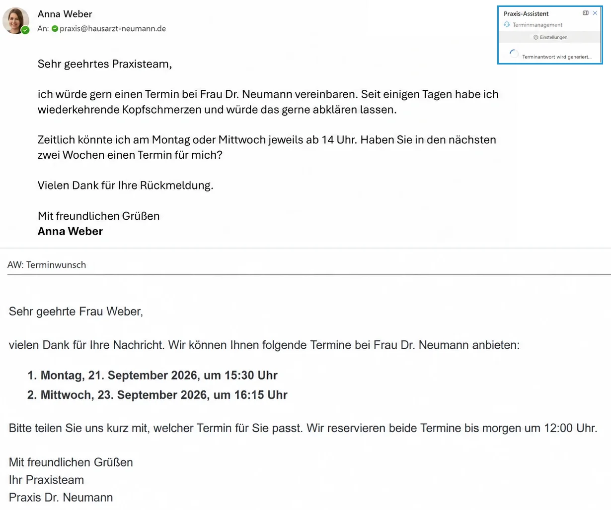 KI Mail in Outlook: Terminanfrage einer Patientin, rechts der Praxis-Assistent, darunter der fertige Antwortentwurf mit zwei Terminvorschlägen