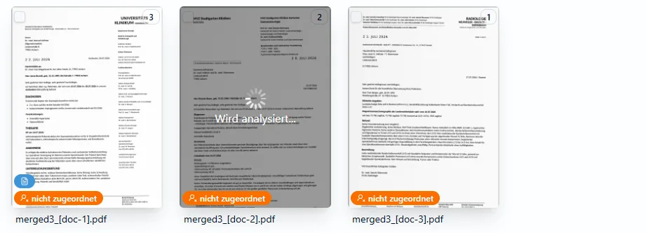 KI Scan: drei Dokumente werden analysiert, noch nicht zugeordnet