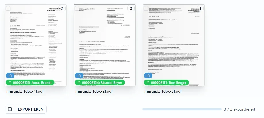 KI Scan: drei Dokumente, jedes mit Patientennummer und Namen zugeordnet, unten Exportieren und 3 / 3 exportbereit