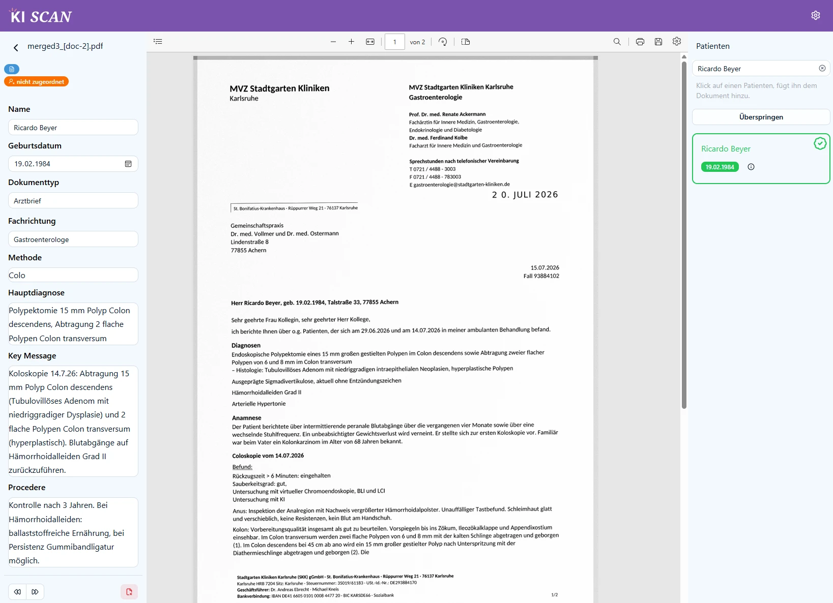 KI Scan: links die aus dem Arztbrief ausgelesenen Angaben wie Name, Geburtsdatum, Dokumenttyp, Fachrichtung und Hauptdiagnose, in der Mitte der eingescannte Brief, rechts der vorgeschlagene Patient zur Zuordnung